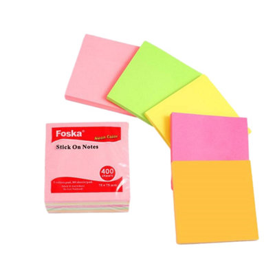 Pack Of 400 Sheets Easy To Post Neon Sticky Notes Memo Pads 75X75mm from B&Q