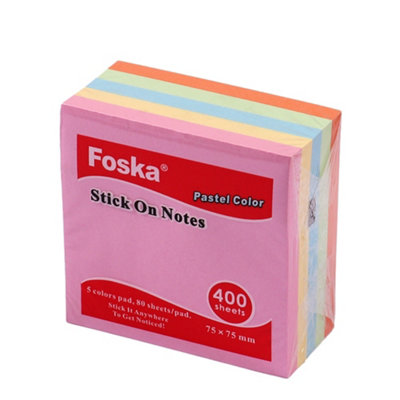 400 Sheets Pastel Colour Sticky Notes Memo Block 75X75mm from B&Q