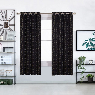 Deconovo Thermal Blackout Curtains, Eyelet Diamond Printed Curtains For Bedroom, 46 X 72 Inch, One Pair Gold/Black