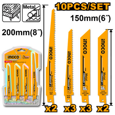 Ingco Reciprocating Saw Blade Set Wood & Metal Cutting 10-Piece Bi-Metal