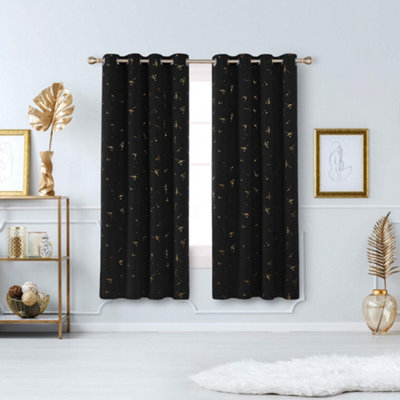 Deconovo Eyelet Thermal Curtains, Blackout Gold Constellation Printed Curtains For Bedroom, 55 X 70 Inch, Black, 2 Panels Gold/Black
