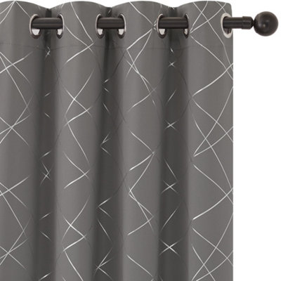 Deconovo Curtains Foil Printed Line Thermal Curtains Noise Reducing Eyelet Blackout Curtains 2 Panels Grey/Dark