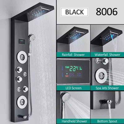 Standard Led Black Shower Panel Tower SystemStainless SteelRain And Waterfall Column With Lcd DisplayMassage Jets,