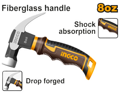 Ingco Mini Claw Hammer With Drop-Forged Carbon Steel Head 220G And Fibreglass Handle