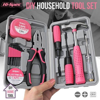 Pink Hand Tool Kit Set 13pc Small Compact Women Ladies for Home & Office Hi-Spec - Image 3