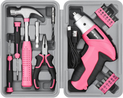 B&Q -  Hi-Spec 19Pc 3.6V Pink Usb Small Power Screwdriver & Home Diy Tool Kit Set