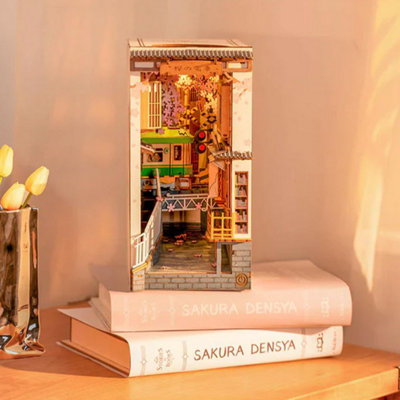 Robotime Leisure UK Limited Sakura Densya Book Nook Kit, DIY Wooden Miniature Shelf Decor with LED Light - Image 7
