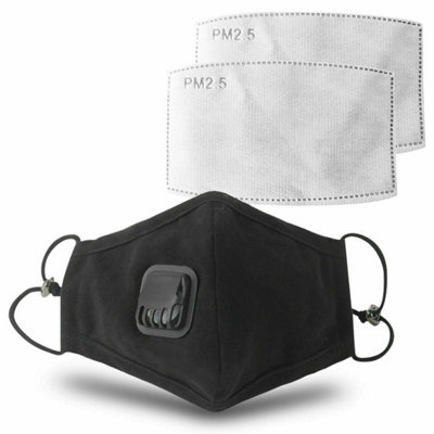 Aquarius Black Washable Cotton Mouth Mask With Valve Replaceable Filter, 1X Mask With Filters Size 2
