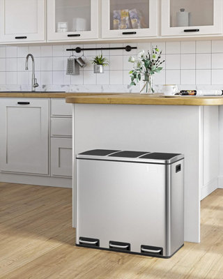 Songmics Recycling Bin, Trio Trash Can, 3 X 18L, With 3 Compartments, Soft-Closing Lids, Pedals, Fingerprints Proof Stainless Steel