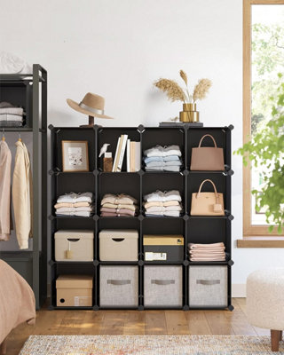 Songmics 16-Cube Storage Unit, Shoe Rack, Diy Shelving System, Stackable Cubes, Pp Plastic Shelf, Wardrobe, Closet Divider, For Bedroom Black