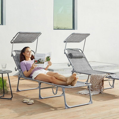 - Reclining Sun Chair With Adjustable BackrestFolding Deck Chair Sun LoungerWith Sunshade HeadrestGreige