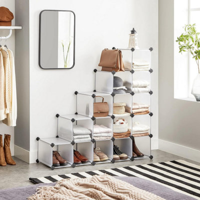Songmics Interlocking Shoe Rack, Rectangular Storage Organiser, 16-Slot Modular Diy Storage Shelf Unit, Metal Wire Wardrobe, Lpc44s White