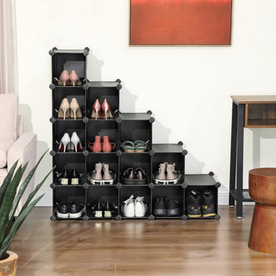 Songmics Black Interlocking Shoe Rack, Rectangular Storage Organiser, 15-Slot Modular Diy Storage Shelf Unit, Metal Wire Wardrobe, Lpc44hv1 10Kg