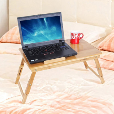 Songmics Bamboo Laptop Desk, Foldable Bed Table, Height Adjustable Sofa Tray, With 5 Tilting Angles, Air Holes, Drawer Small