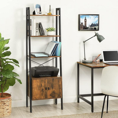 Songmics Vasagle Ladder Shelf, Bookshelf With Cupboard, Living Room Shelf, 4 Shelves, Stable Steel Frame, Bedroom, Office, 56 X 34 X 173 Cm Brown