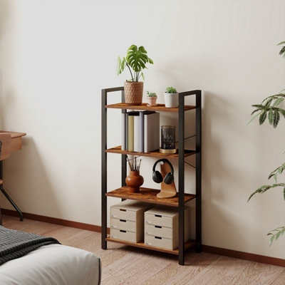 LEDREM 4-Tier Storage ShelfFreestanding Bookcase For Home OfficeLiving RoomIndustrialRustic Brown And Black from B&Q
