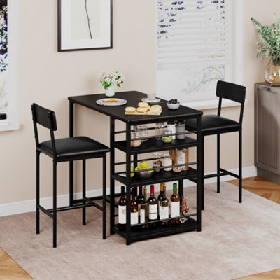  - 3-Piece Space Saving Dining Table Set For 2Breakfast Bar Table With 3 Storage Shelves & 2 Upholstered ChairsBlack