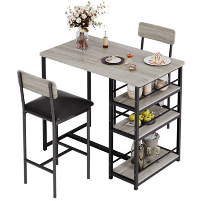  - 3-Piece Space Saving Dining Table Set For 2Breakfast Bar Table With 3 Storage Shelves & 2 Upholstered ChairsGray