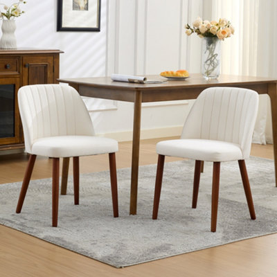  - Set Of 2 Mid-Century Dining ChairsVertical Channel Upholstered Linen Side Chairs With Tapered Solid Wood LegsBeige