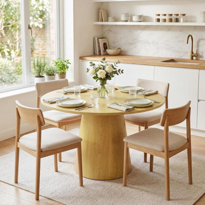 B&Q -  Natural 110Cm Round Dining TableKitchen Table For 4 To 6Mdf Pedestal Dining TableFarmhouse Dining Room Table