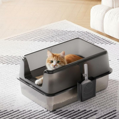 B&Q -  Non-Stick Stainless Steel Litter Box Side Opening Splash-Proof Leak-Proof Lid And Scoop Easy-Clean Durable Black