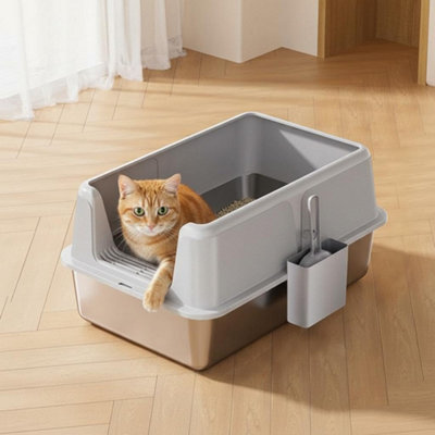 B&Q -  Non-Stick Stainless Steel Litter Box Side Opening Splash-Proof Leak-Proof Lid And Scoop Easy-Clean Durable Grey