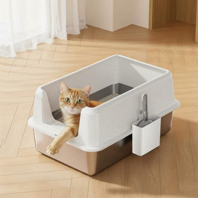 B&Q -  Non-Stick Stainless Steel Litter Box Side Opening Splash-Proof Leak-Proof Lid And Scoop Easy-Clean Durable White