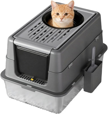 B&Q -  Non-Stick Stainless Steel Litter Box High-Sided Enclosed Leak-Proof Lid And Scoop Easy-Clean Light Black