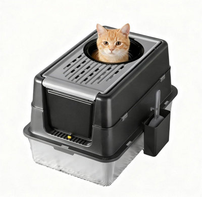 B&Q -  Non-Stick Stainless Steel Litter Box High-Sided Enclosed Splash-Proof Leak-Proof Lid And Scoop Easy-Clean Black