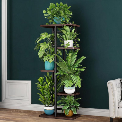 B&Q -  Plant Stand Indoor Multi-Tier Asymmetrical Wooden Shelves Tall Metal Flower Shelf Outdoor Wood Plant Rack
