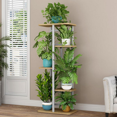 B&Q -  Plant Stand Indoor Multi-Tier Asymmetrical Wooden Shelves Tall Metal Flower Shelf Outdoor Wood Plant Rack