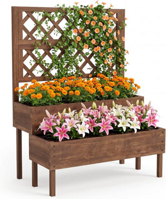 B&Q -  Raised Garden Bed With Trellis2 Tier Wooden Elevated Planter BoxOutdoor Flower Herb Vegetable Planter