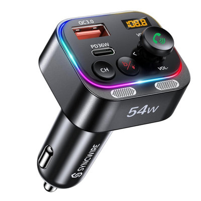 Syncwire Bluetooth 5.4 Fm Transmitter Car Charger 54 W Pd&qc 3.0 Usb Type-C Adapter Fast Charging Stronger Mics & Hifi Deep Bass from B&Q
