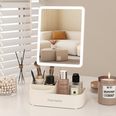 B&Q -  Led Makeup Mirror With Cosmetic Storage Base & 3 Colour DimmingRechargeable Beige