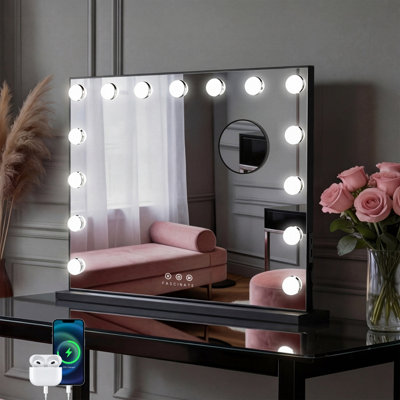 B&Q -  Hollywood Mirror Large 58X48Cm 15 Led Matte Black Metal Frame Studio Vanity Mirror Wall Mount Tabletop Dressing Table