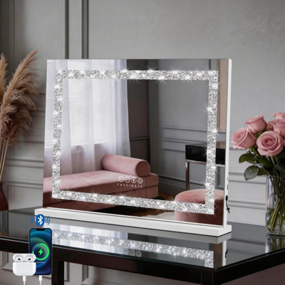 B&Q -  Hollywood Vanity Makeup Mirror Crushed Diamonds Modern Strip Led Bluetooth Large 58X48Cm