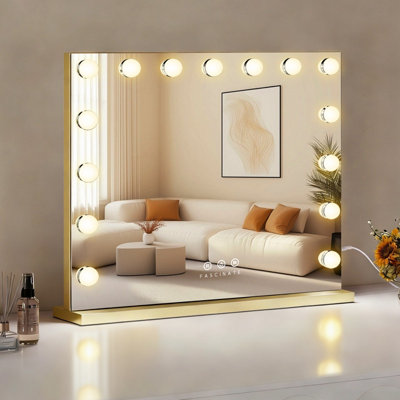 B&Q -  Gold Hollywood Vanity Mirror With 15 Led Lights & Tempered Glass58X48Cm