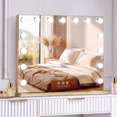 B&Q -  Hollywood Vanity Mirror Gold 58X48Cm 15 Led Dimmable Tempered Glass Beauty Mirror Wall Mount Tabletop Stand Modern
