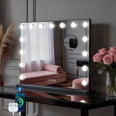 Fascinate Bluetooth Hollywood Mirror Large 58X48Cm 15 Led Black Metal Vanity Mirror Built In Wireless Speakers Usb Charging Wall from B&Q