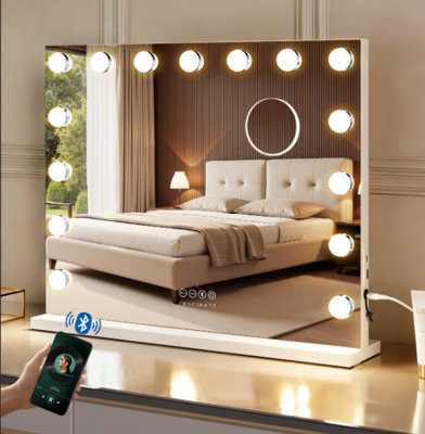 B&Q -  Bluetooth 5.0 Hollywood Mirror 15 Led White Vanity Mirror Premium Acoustic Sound Speakerphone Usb Charge Wall Stand