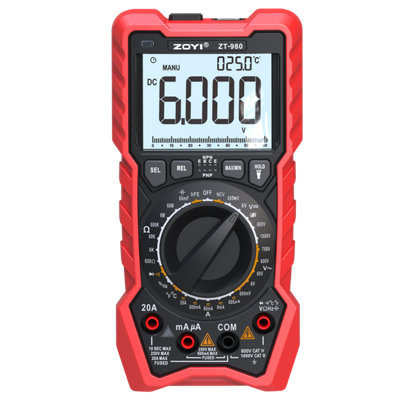 Zoyi Digital Multimeter Transistor Tester 20A6000 CountTrue Rms Manual Ranging All-In-One Features Voltage Tester Zt-980E from B&Q
