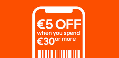 Register to receive offers , rewards and benefits by email, and we'll send you your first coupon giving you €5 off when you spend €30 or more. Terms apply.