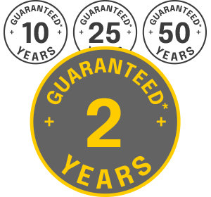 Guarantee badge showing “2 years” with additional icons for 10, 25, and 50 year guarantees.