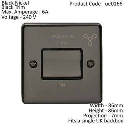 6A Extractor Fan Isolator Switch BLACK NICKEL & Black Trim 3 Pole Shower