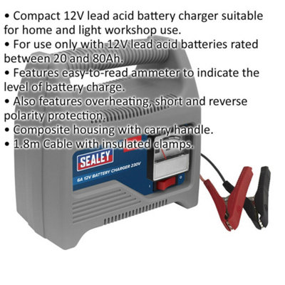 6A LeadBattery Charger - 12 Volt - Ammeter Display - 230V Power Supply