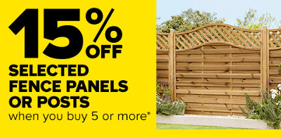 15% off selected fence panels when you buy 5 or more. Click to shop this offer.