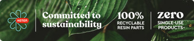 Commited to sustainabilty, 100% recyclable resin parts and zero single-use products