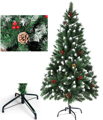 6ft(780 Tips) Snow Flocked Christmas Tree Pine Cones & Berries With Metal Stand Xmas Decor Green