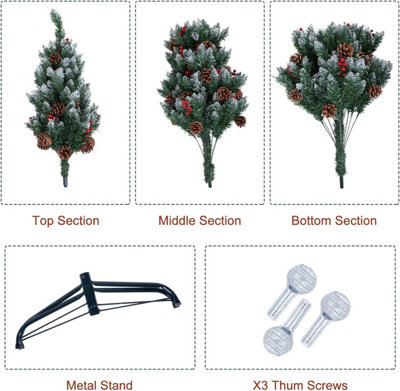 6ft(780 Tips) Snow Flocked Christmas Tree Pine Cones & Berries With Metal Stand Xmas Decor Green