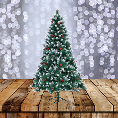 6Ft Balmoral Fir Christmas Tree with 634 Tips - Flocked Tips, Berries and Pine Cones Decoration